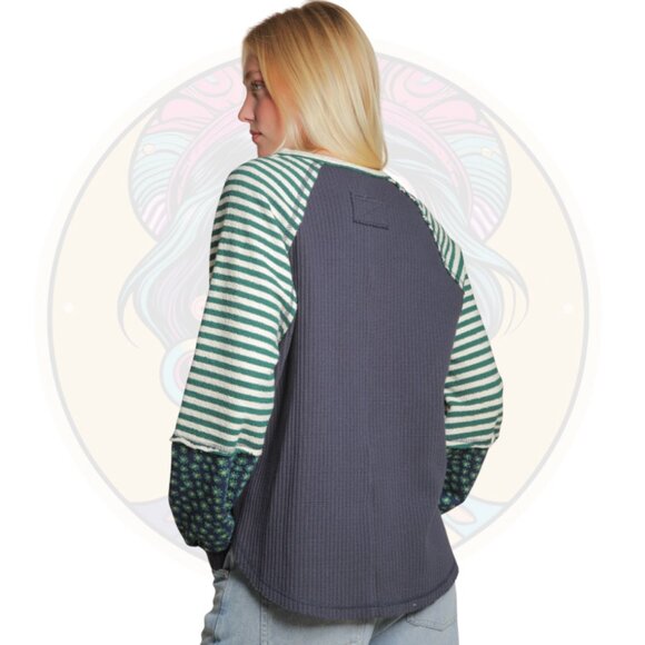 14C Floral Stripe Balloon Sleeve Knit Top Blue Green - Picture 2 of 2